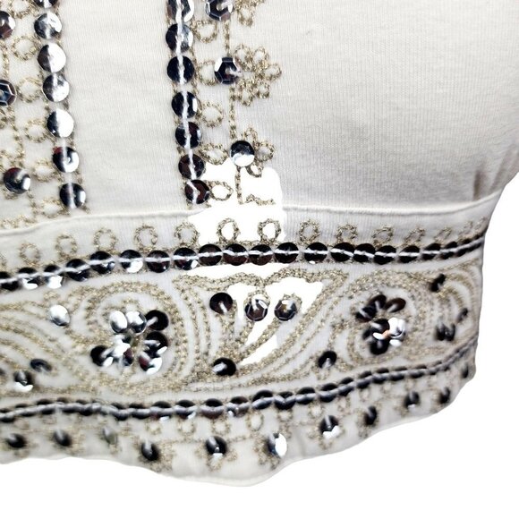 Dynamite Y2K Cream Empire Waist Halter Top Sequin Gold Embroidered Details Large - Picture 3 of 13